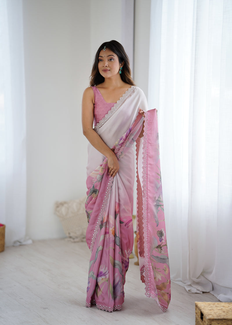 Party Wear Satin Georgette Saree – Hand Print Elegance