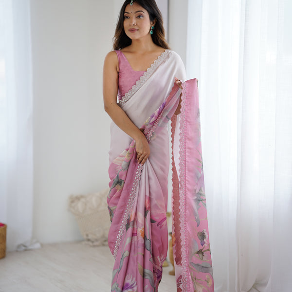 Party Wear Satin Georgette Saree – Hand Print Elegance