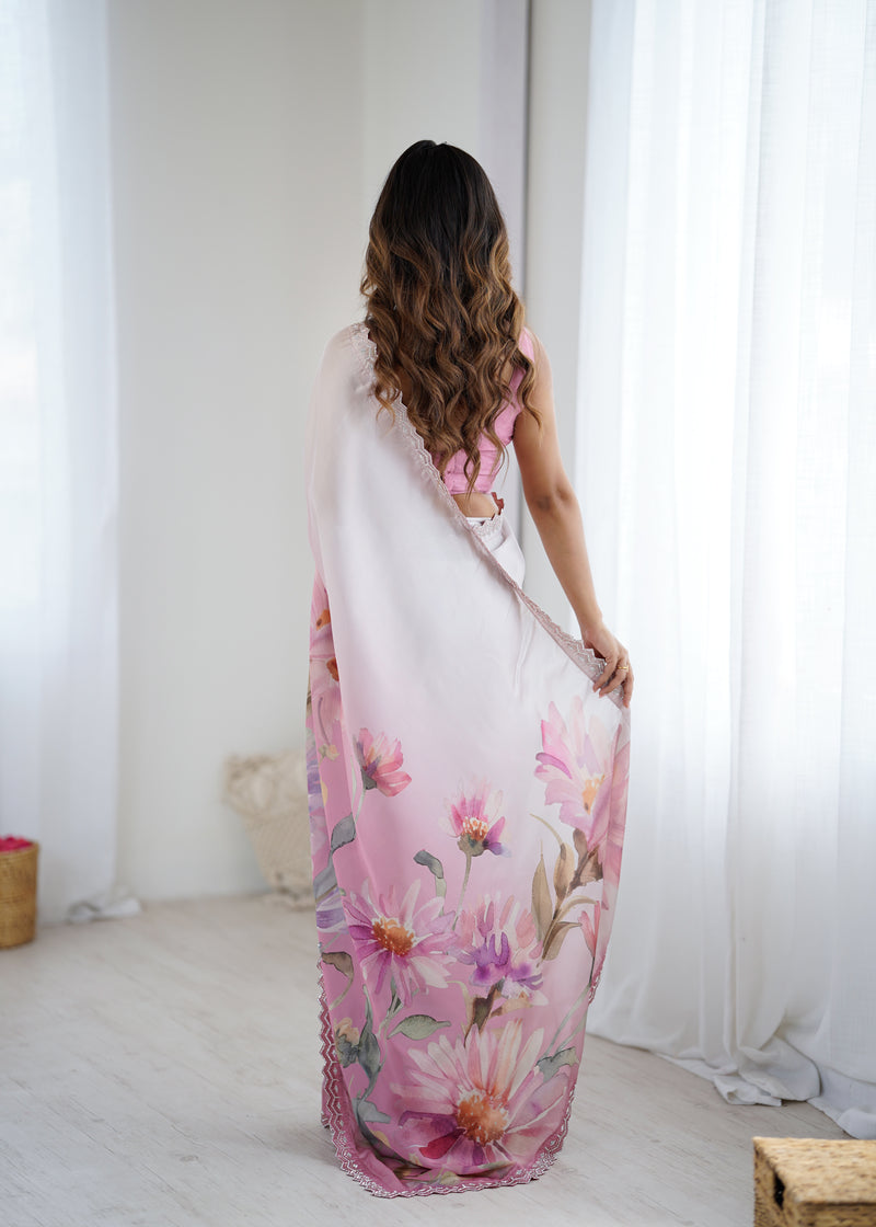 Party Wear Satin Georgette Saree – Hand Print Elegance