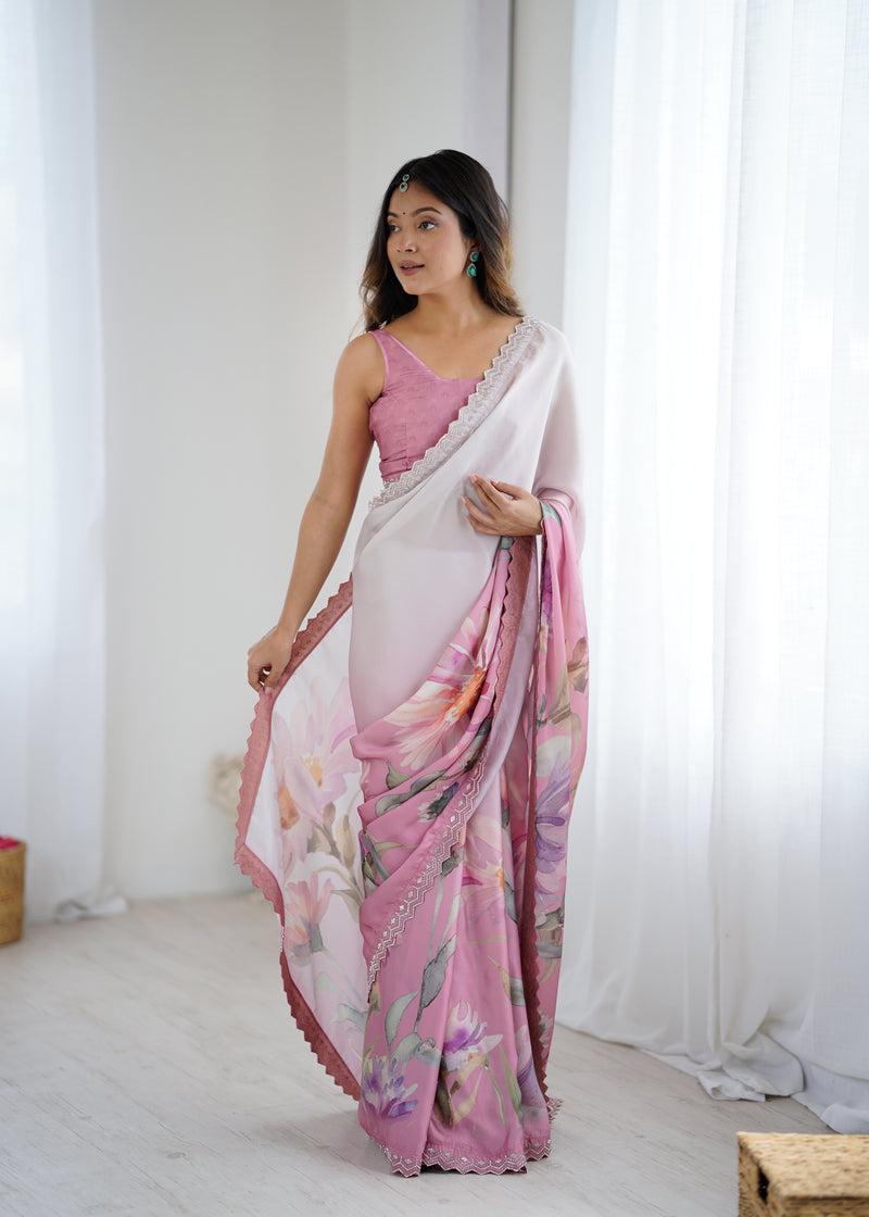 Party Wear Satin Georgette Saree – Hand Print Elegance