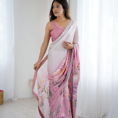 Party Wear Satin Georgette Saree – Hand Print Elegance