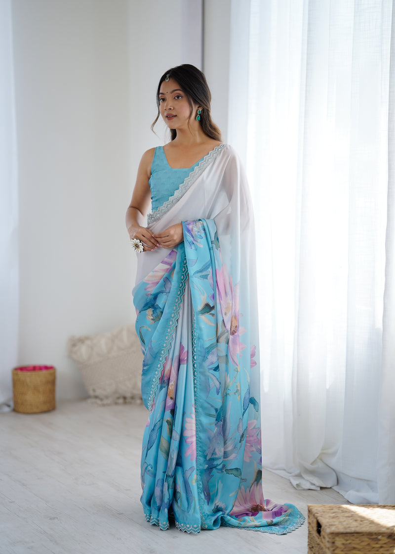 Party Wear Satin Georgette Saree – Hand Print Elegance