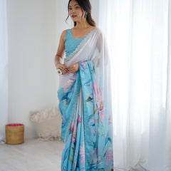 Party Wear Satin Georgette Saree – Hand Print Elegance