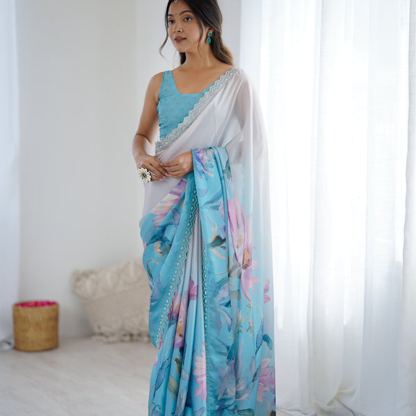 Party Wear Satin Georgette Saree – Hand Print Elegance