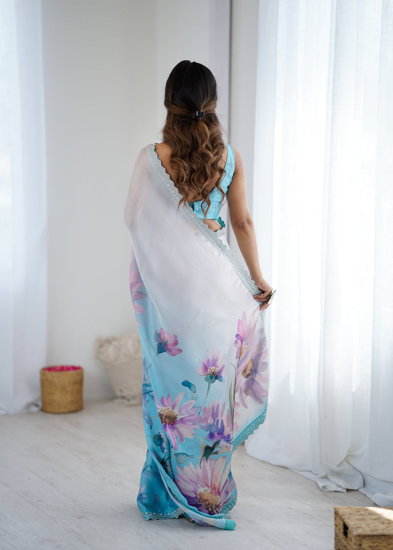 Party Wear Satin Georgette Saree – Hand Print Elegance