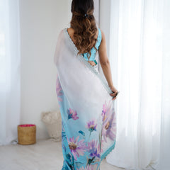 Party Wear Satin Georgette Saree – Hand Print Elegance