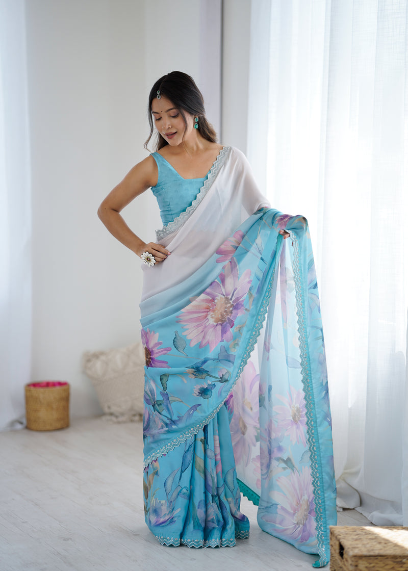 Party Wear Satin Georgette Saree – Hand Print Elegance