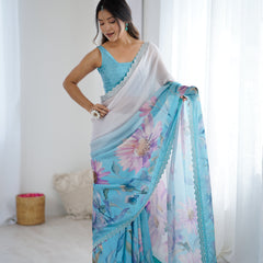 Party Wear Satin Georgette Saree – Hand Print Elegance