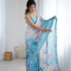 Party Wear Satin Georgette Saree – Hand Print Elegance