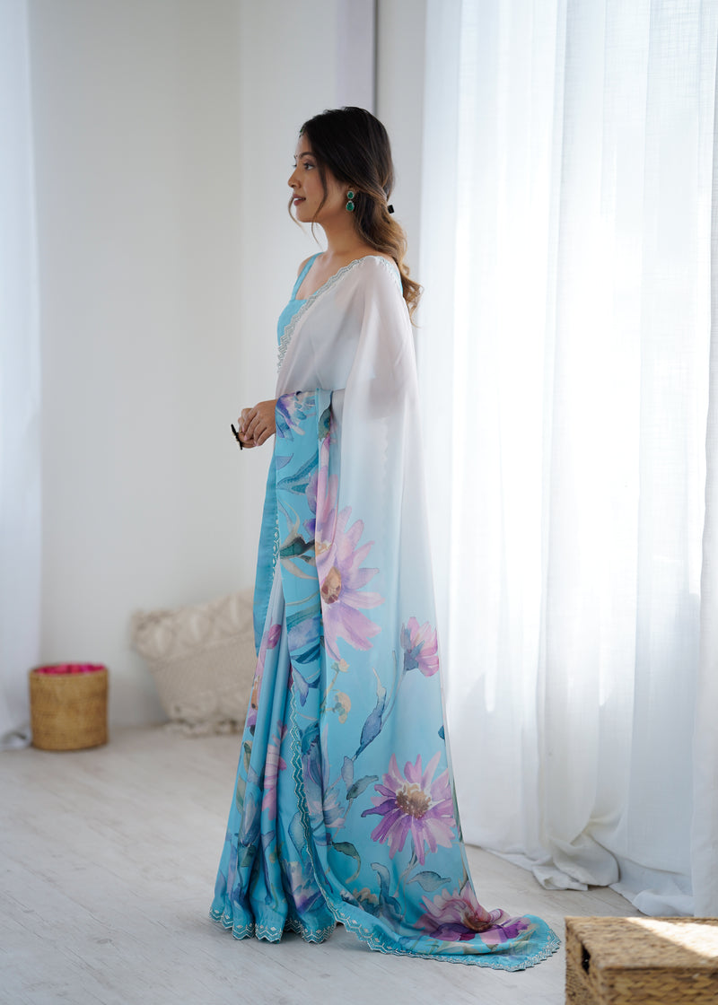 Party Wear Satin Georgette Saree – Hand Print Elegance