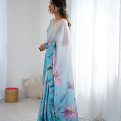 Party Wear Satin Georgette Saree – Hand Print Elegance