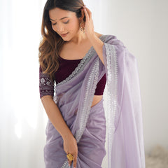 Twill Net with 3mm Sequin & Gold Zari Work Saree