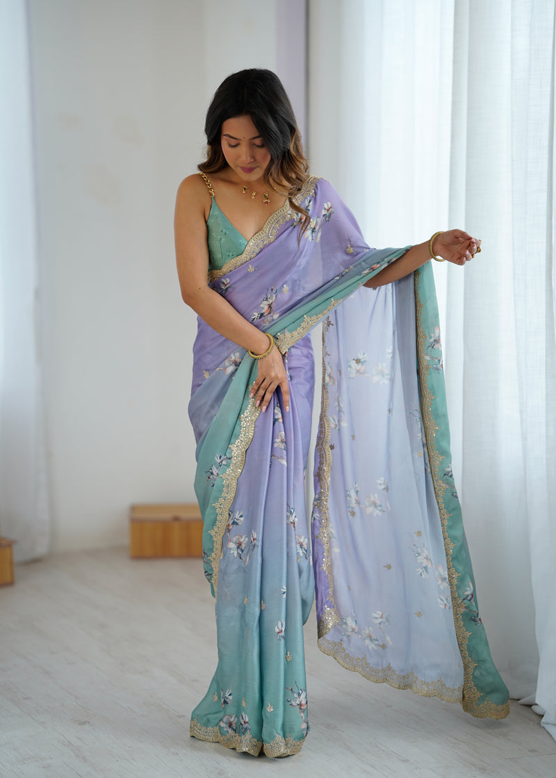 Sequin & Dori Work on Hand-Printed Satin Chiffon Saree