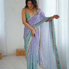 Sequin & Dori Work on Hand-Printed Satin Chiffon Saree