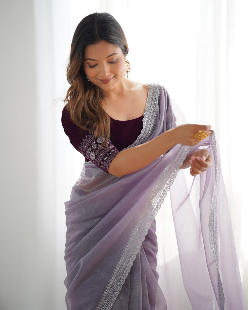 Twill Net with 3mm Sequin & Gold Zari Work Saree