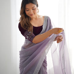 Twill Net with 3mm Sequin & Gold Zari Work Saree