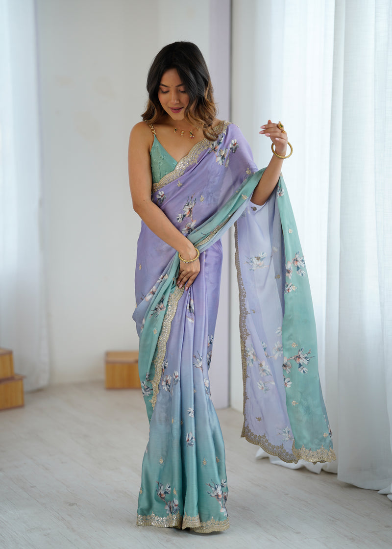 Sequin & Dori Work on Hand-Printed Satin Chiffon Saree