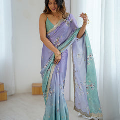 Sequin & Dori Work on Hand-Printed Satin Chiffon Saree