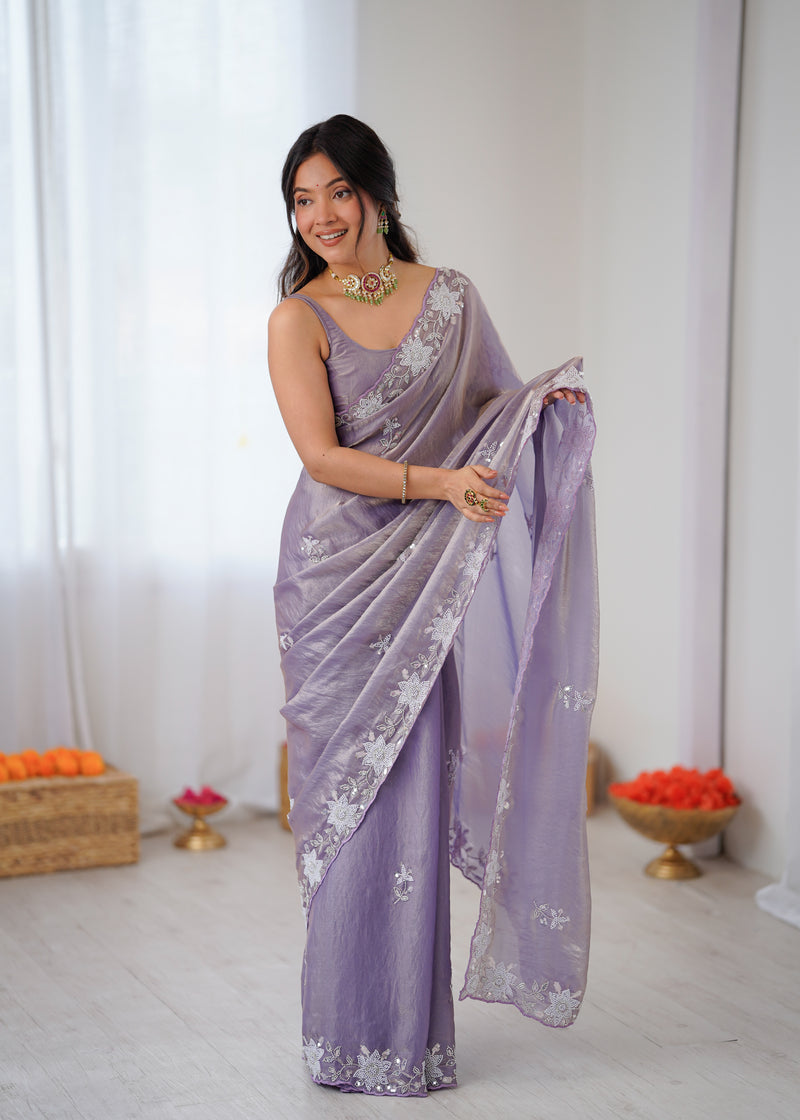Fendy Satin Silk Saree with Triple Embellishment