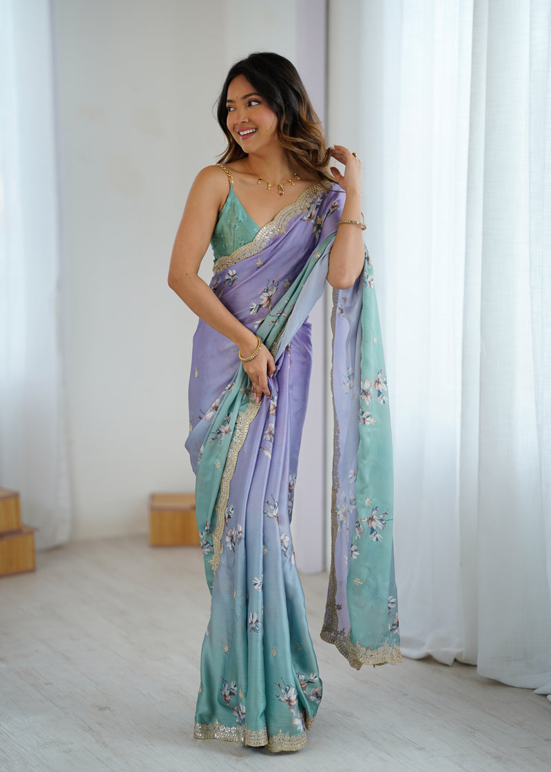 Sequin & Dori Work on Hand-Printed Satin Chiffon Saree