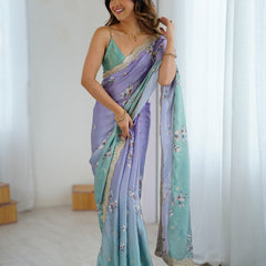Sequin & Dori Work on Hand-Printed Satin Chiffon Saree