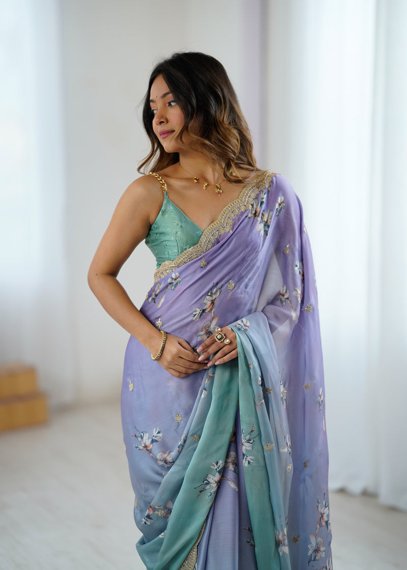 Sequin & Dori Work on Hand-Printed Satin Chiffon Saree