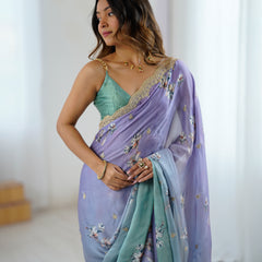 Sequin & Dori Work on Hand-Printed Satin Chiffon Saree