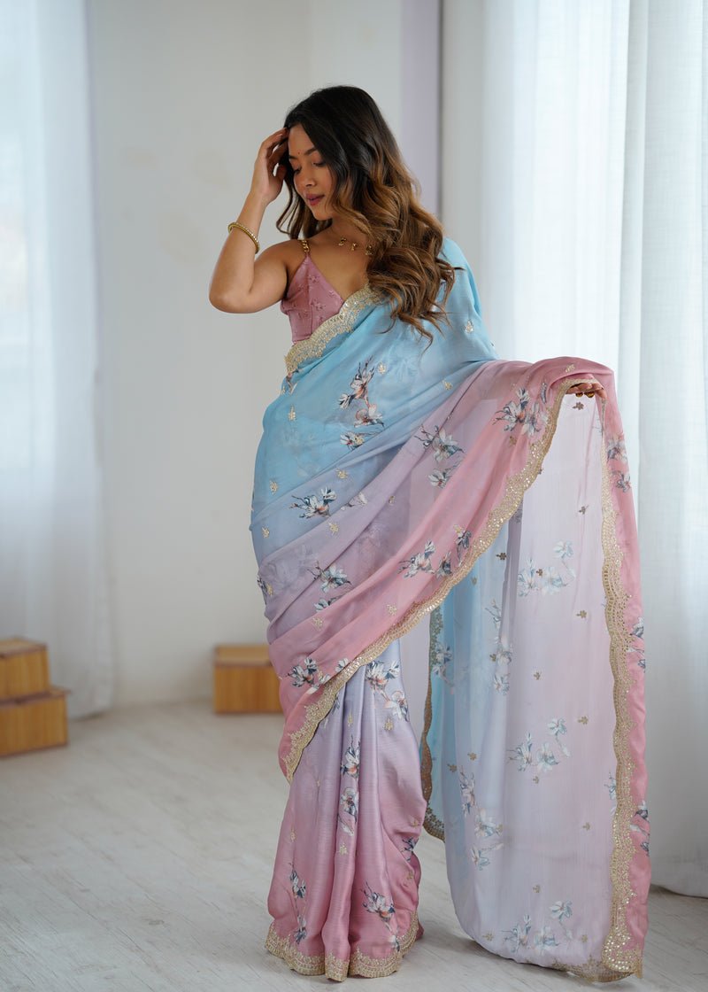Sequin & Dori Work on Hand-Printed Satin Chiffon Saree