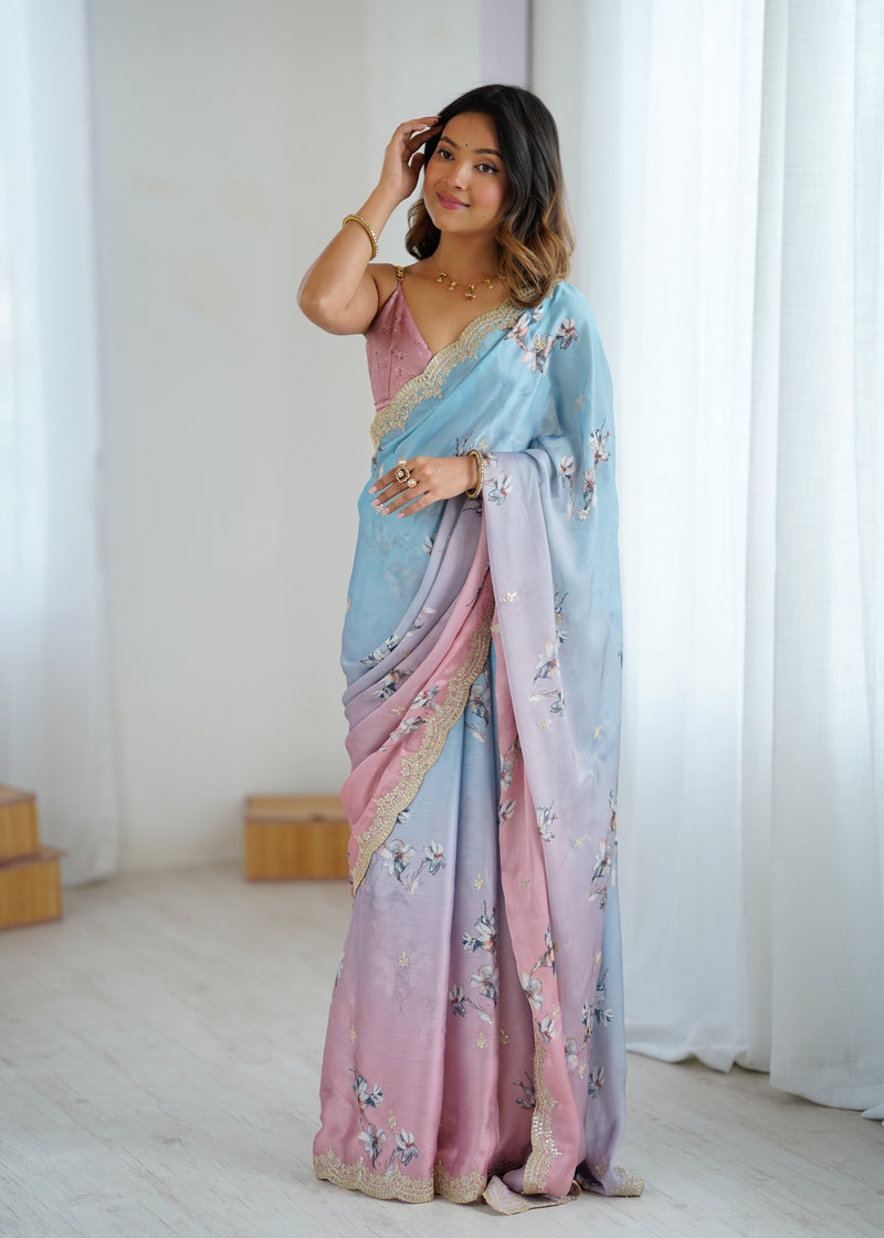 Sequin & Dori Work on Hand-Printed Satin Chiffon Saree