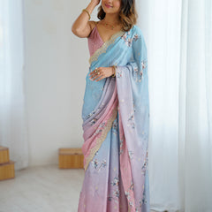 Sequin & Dori Work on Hand-Printed Satin Chiffon Saree