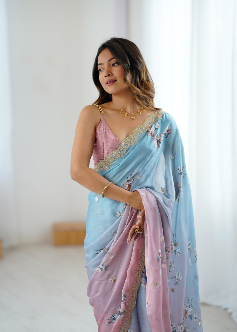 Sequin & Dori Work on Hand-Printed Satin Chiffon Saree