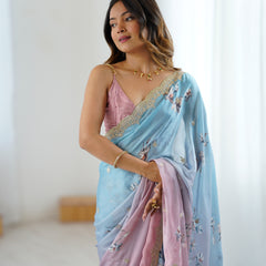 Sequin & Dori Work on Hand-Printed Satin Chiffon Saree