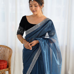 Twill Net with 3mm Sequin & Gold Zari Work Saree