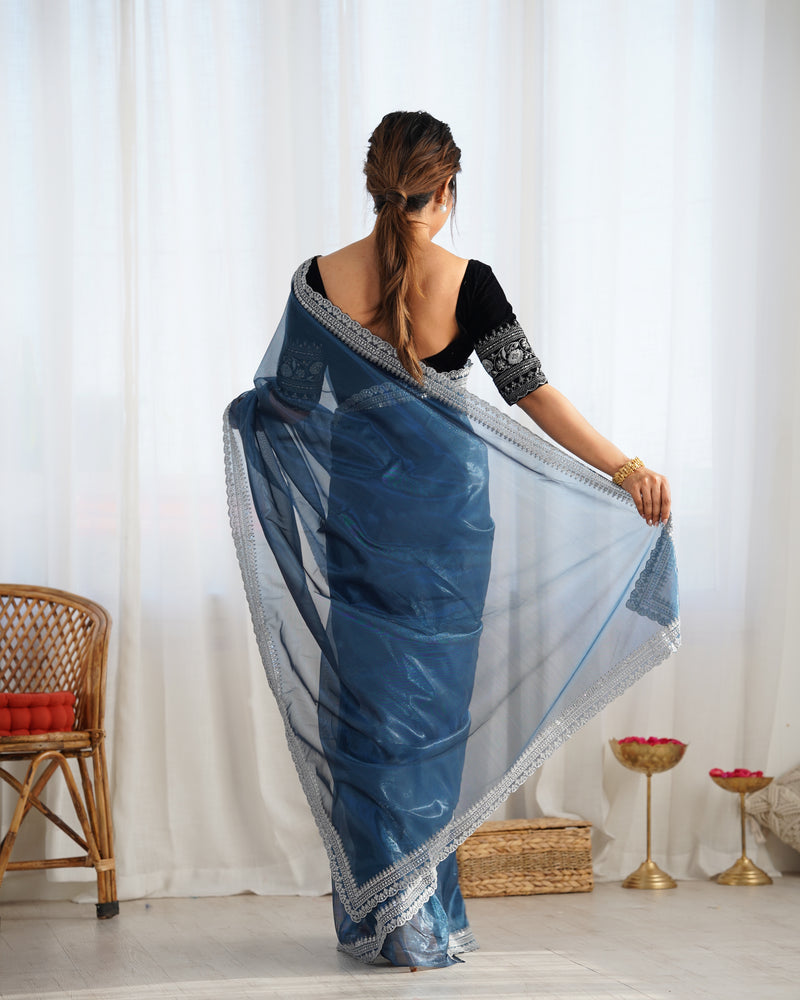 Twill Net with 3mm Sequin & Gold Zari Work Saree