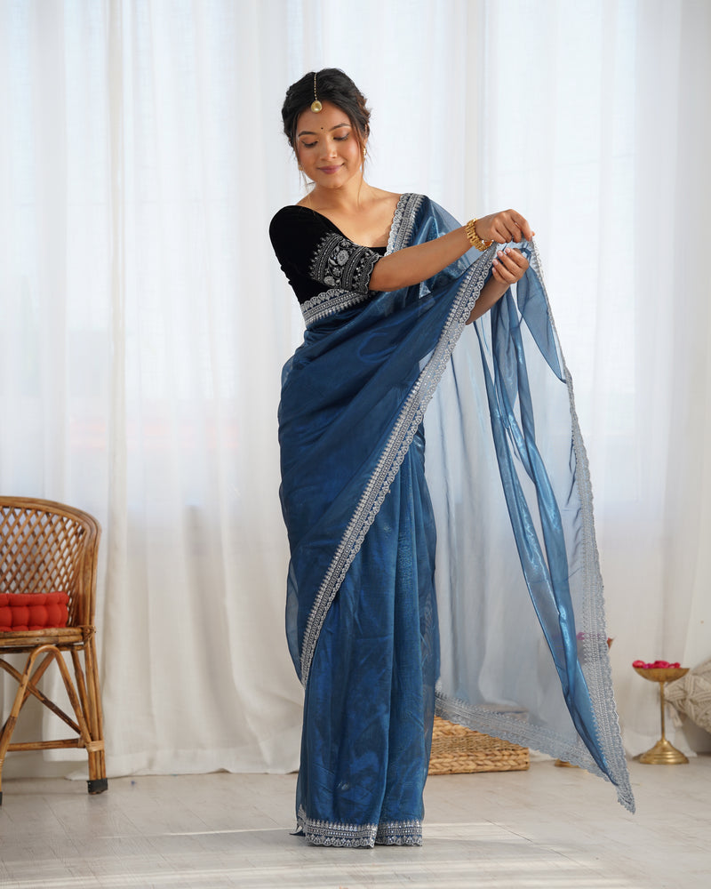 Twill Net with 3mm Sequin & Gold Zari Work Saree