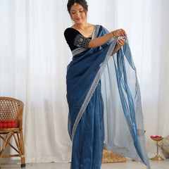 Twill Net with 3mm Sequin & Gold Zari Work Saree