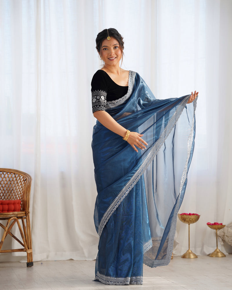 Twill Net with 3mm Sequin & Gold Zari Work Saree