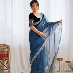 Twill Net with 3mm Sequin & Gold Zari Work Saree