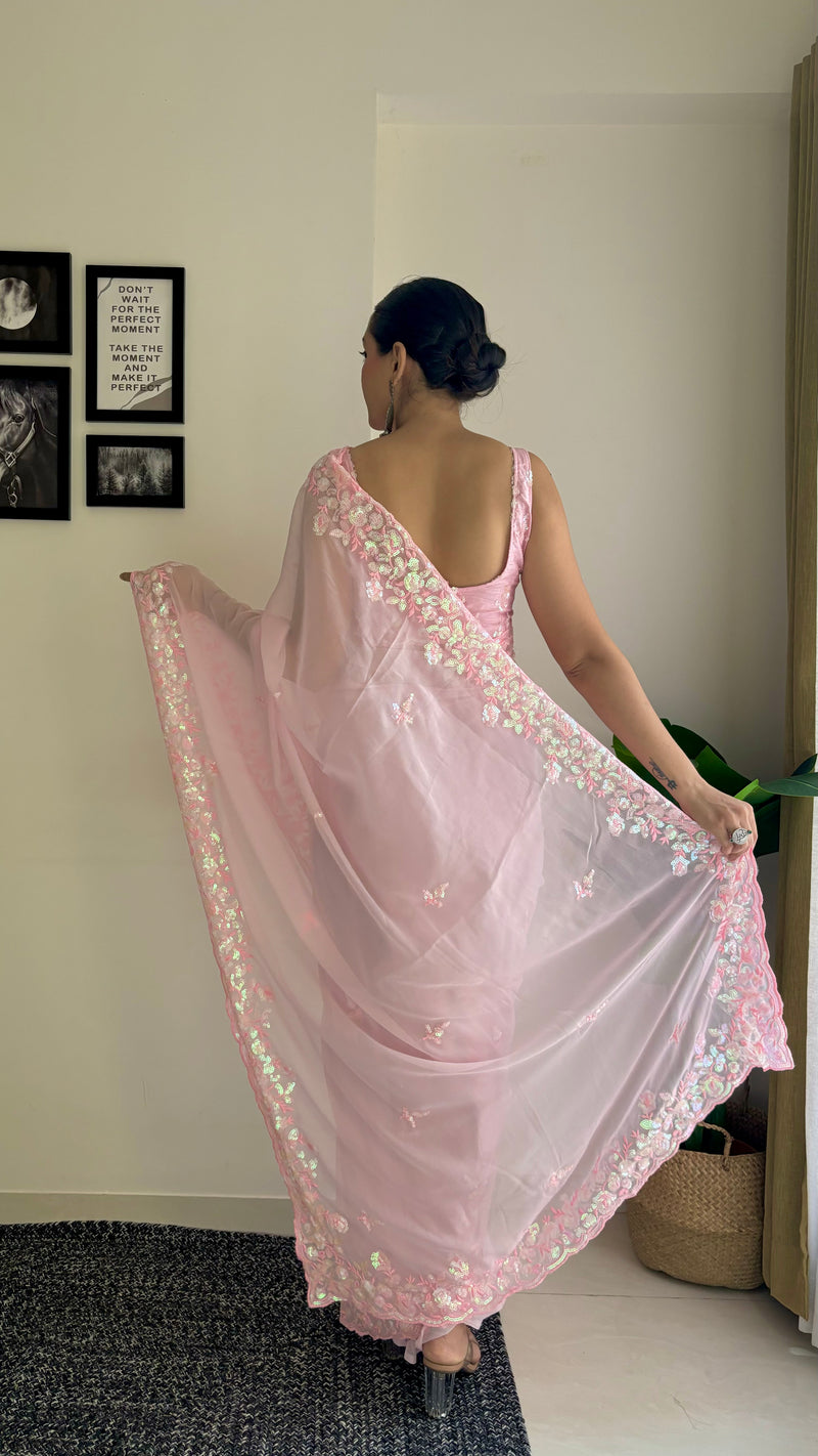 Georgette Pallu Embroidery & Cut Work Saree