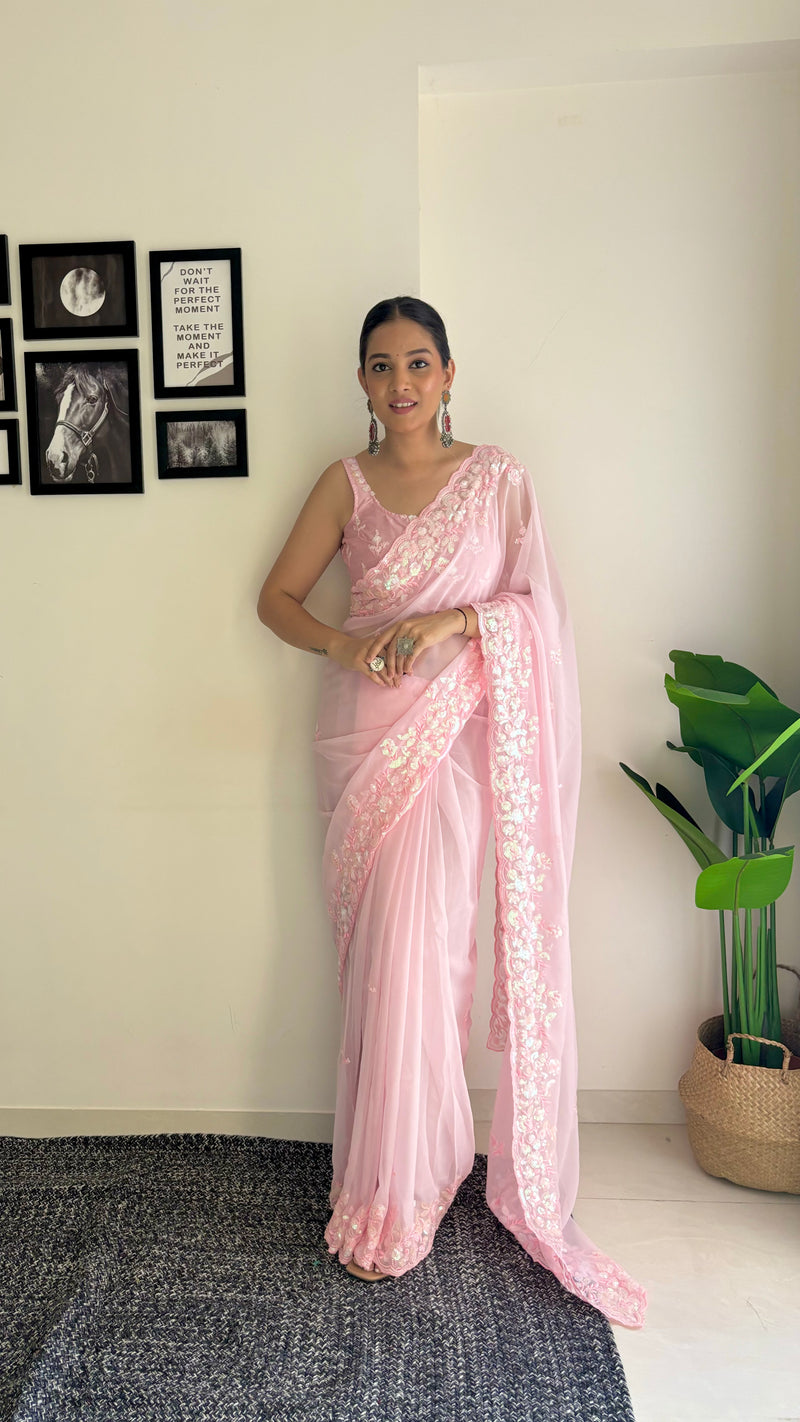 Georgette Pallu Embroidery & Cut Work Saree