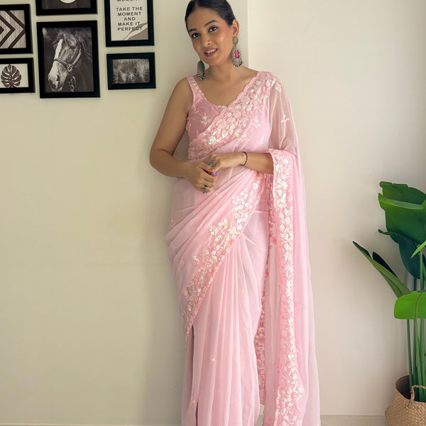 Georgette Pallu Embroidery & Cut Work Saree