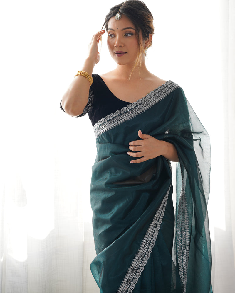 Twill Net with 3mm Sequin & Gold Zari Work Saree