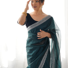 Twill Net with 3mm Sequin & Gold Zari Work Saree