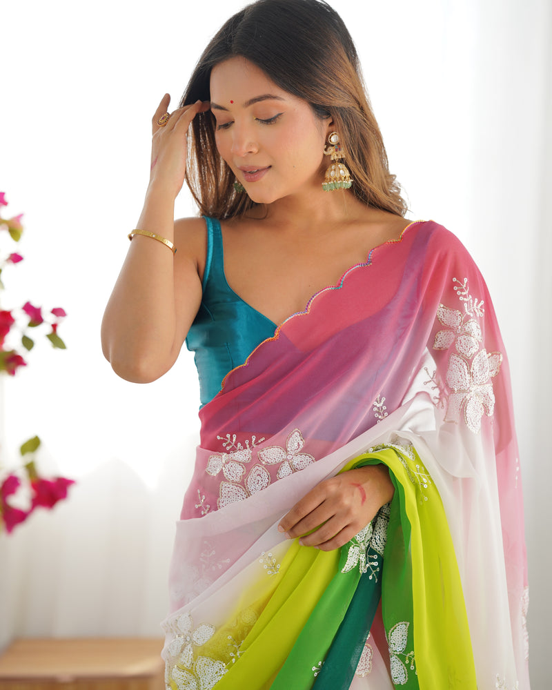 Pure Georgette & Sequins Embroidery Work Saree