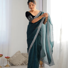 Twill Net with 3mm Sequin & Gold Zari Work Saree