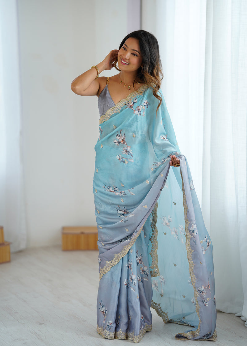 Sequin & Dori Work on Hand-Printed Satin Chiffon Saree