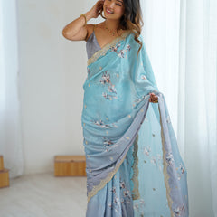 Sequin & Dori Work on Hand-Printed Satin Chiffon Saree