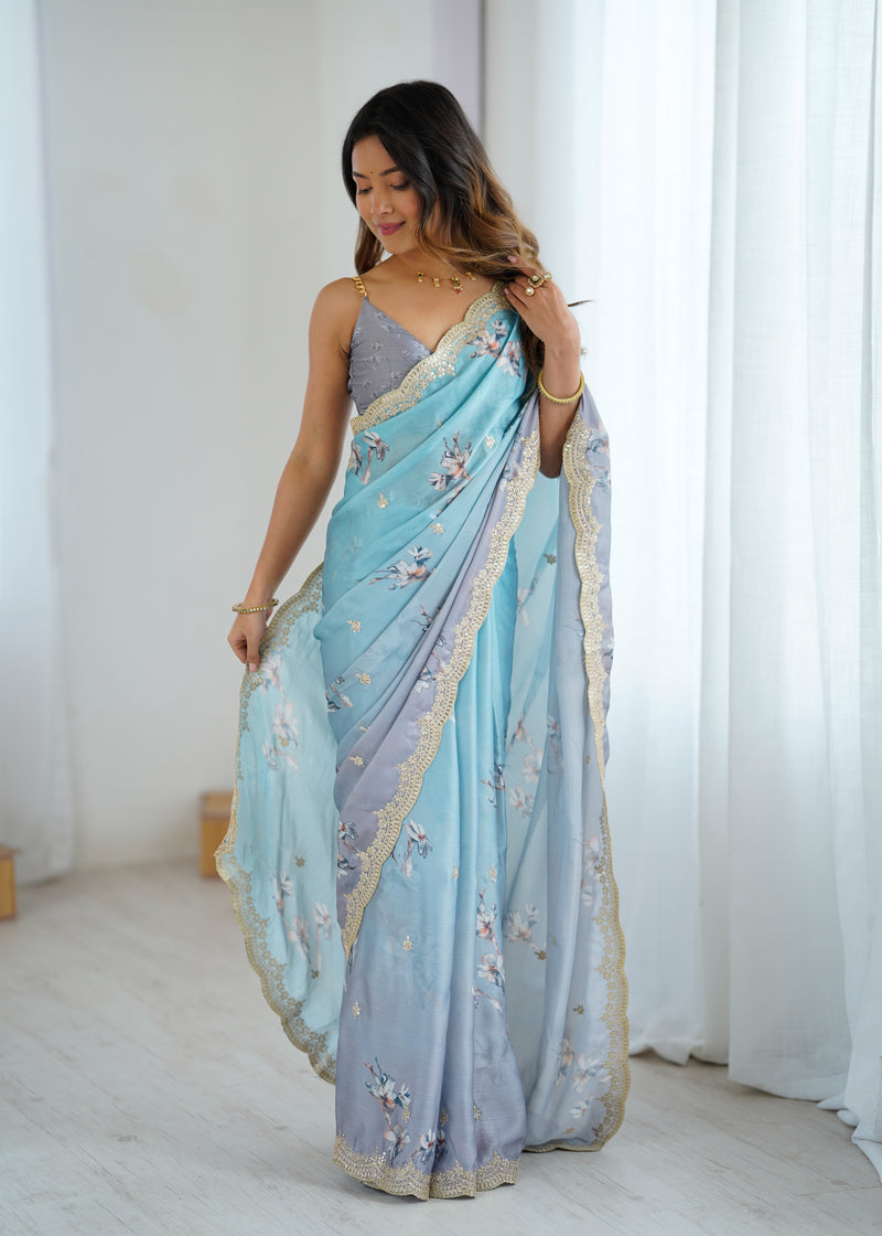 Sequin & Dori Work on Hand-Printed Satin Chiffon Saree