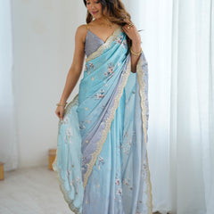 Sequin & Dori Work on Hand-Printed Satin Chiffon Saree