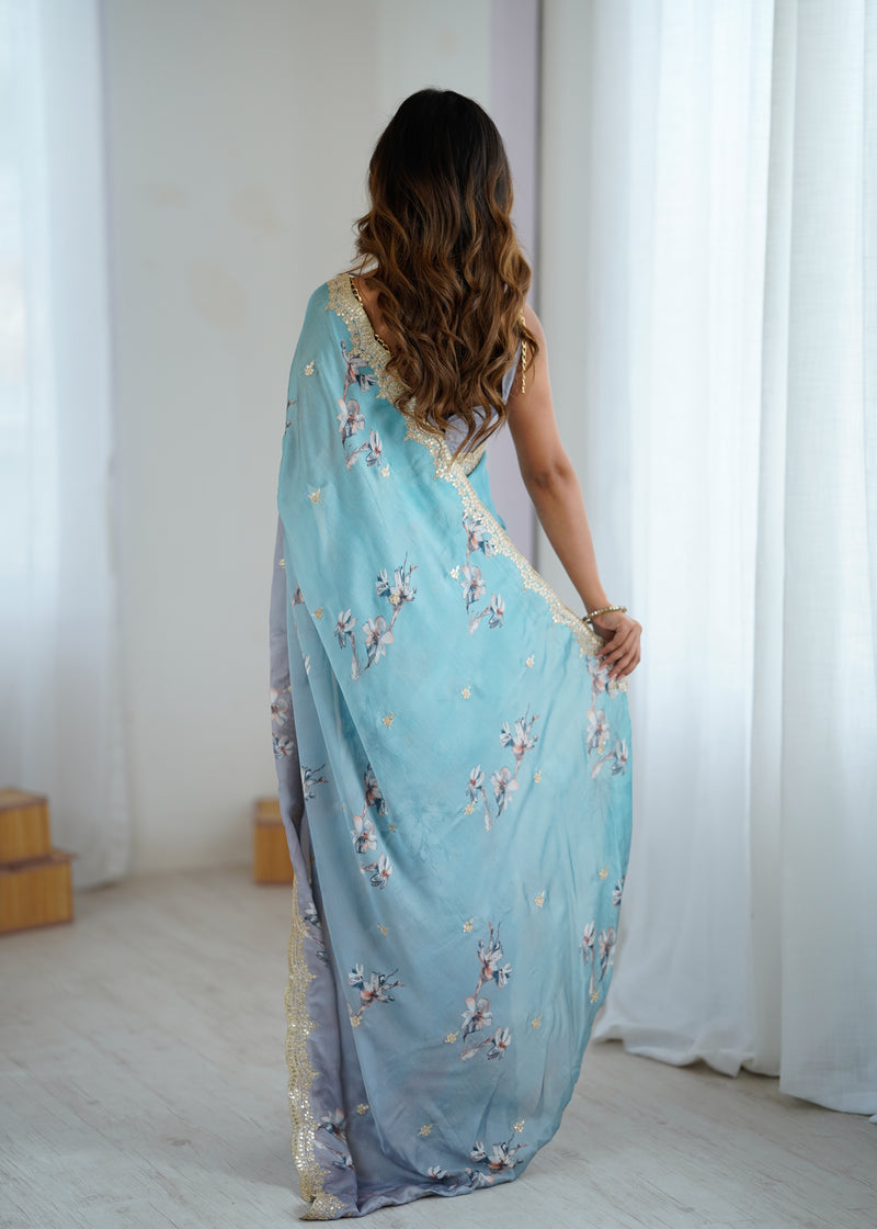 Sequin & Dori Work on Hand-Printed Satin Chiffon Saree